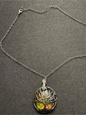 Silver Tree of Life Pendant Necklace with Iridescent Glass